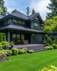 Elegant dark house with lush green lawn and vibrant flowerbeds under a bright sky for a peaceful living