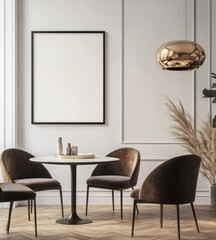 Modern dining room with empty frame, round table, brown velvet chairs, and gold pendant lamp.