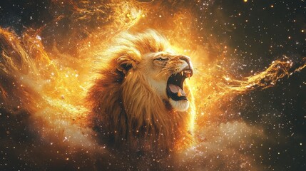 Roaring lion in cosmic explosion digital art space vibrant colors majestic view power and beauty concept