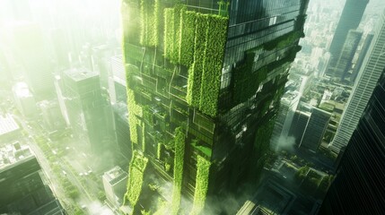 Obraz premium High-tech office tower with algae-covered walls for CO2 absorption, sustainable urban development generative ai