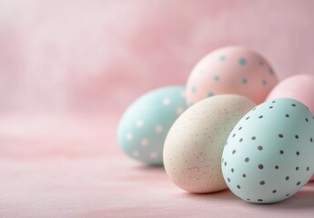 Obraz premium Pastel pink and blue Easter eggs with polka dots on soft pink background, sparkling glitter