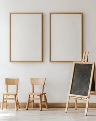 Two blank frames, chalkboard, and chairs in a room.