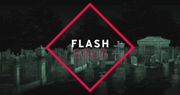 Flash sale animation over eerie cemetery with tombstones and dark trees