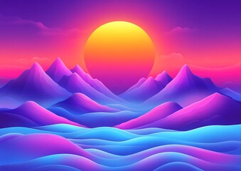 Abstract landscape features majestic mountains beneath a colorful gradient sky