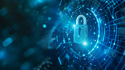 Fototapeta premium Safety concept, Closed Padlock on digital, cyber security, blue abstract hi speed internet technology background illustration. key, sci fi