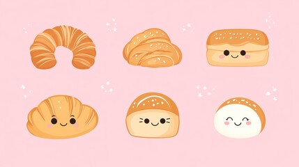 Cute bakery pastries, bread illustration, pink background, food design, website banner