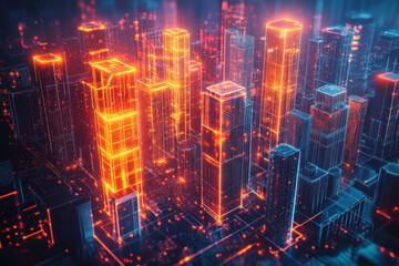 Fototapeta premium Cityscape at night with glowing buildings and illuminated streets. Hustle and bustle, cars moving, people walking. Urban energy captured from above.