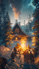 Cherished Yule Rituals: A Community Engaging in Yule Log Ceremony Amidst A Wintry Landscape