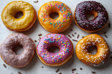 flat lay image of five assorted donuts with vibrant glazes and sprinkles o
