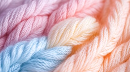 Soft pastel-colored yarns in pink, yellow, blue, tightly wound, ready for knitting, emphasizing texture and color harmony, close-up detail.