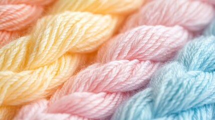 Soft pastel-colored yarns in pink, yellow, blue, tightly wound, ready for knitting, emphasizing texture and color harmony, close-up detail.