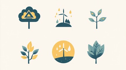 Environmental icons  wind, rain, tree, leaves, sustainable