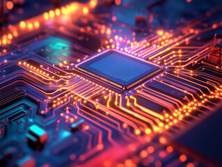 A close-up of a glowing microchip on a vibrant circuit board, lit with neon red, pink, and blue lights