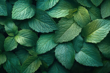 Bunch of fresh mint leaves on a rustic wooden table, scattered with water droplets, against a blurred garden background.