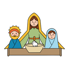 Fototapeta premium A peaceful nativity scene with Baby Jesus in a manger, surrounded by Mary, Joseph, shepherds, animals, and the Star of Bethlehem shining above.