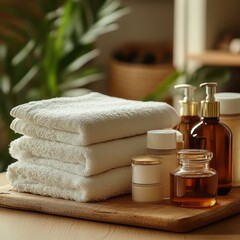 A set of high-quality salon towels neatly folded next to a collection of organic beauty products in glass jars.