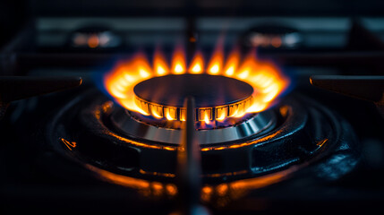 Natural Gas. High prices of natural gas. Blue flames of gas burning from a kitchen gas stove. Energy crisis concept background.