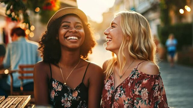 two friends of different nationalities having fun at a table in a cafe, beautiful girls, african american lady, european young woman, diversity, friendship, feminism, lesbian