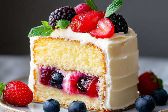 macro shot focusing on the texture of the frosting and the fresh fruit gar