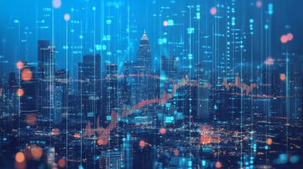 Holographic city skyline with financial data overlay, economic development. generative ai