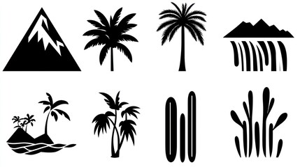 Tropical Vacation Icons Mountains, Palms, Waterfalls