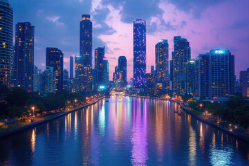 Fototapeta premium Skyscrapers Reflecting on a Tranquil River