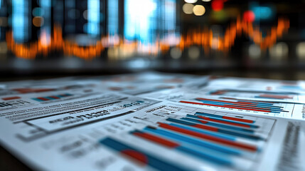 Data analysis report displays various graphs highlighting business performance trends in a modern office environment