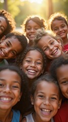 A close-up of diverse kids, their faces brightly lit by sunlight, each showing unique features and joyful expressions.