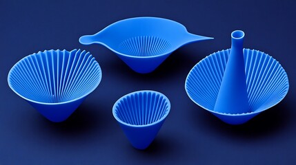 Fototapeta premium Four abstract blue objects are displayed on a dark blue surface