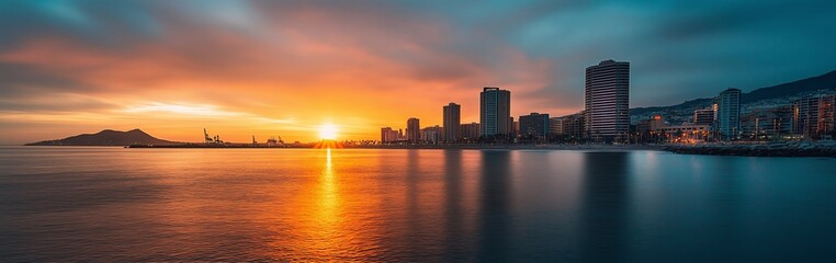 Naklejka premium A panoramic view of a city skyline during a vibrant sunset.