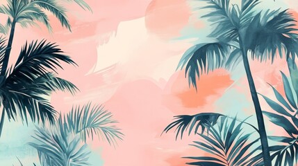 Pink Sunset Palms Watercolor Tropical Composition
