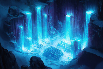 Frozen cave with a waterfall of ice, surrounded by sparkling ice crystals in cold, blue hues.