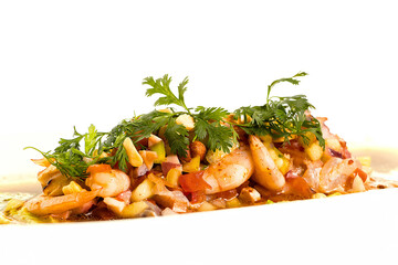 Ceviche with shrimps, mango, cilantro, white background