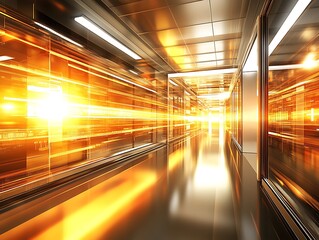 Obraz premium Abstract golden light streaks in a modern corridor for tech concepts