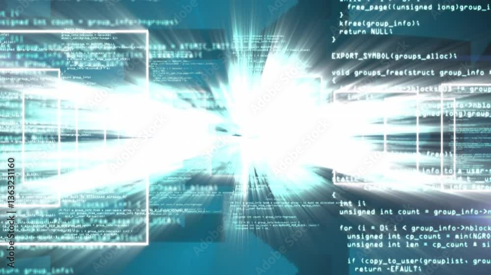 Poster bright light burst with programming code and data processing animation