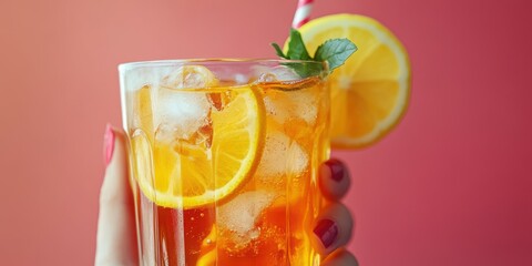 Refreshing iced tea with lemon and mint served in a clear glass against a vibrant pink background