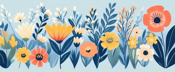 A Colorful Botanical Illustration Depicting Various Stylized Flowers and Foliage
