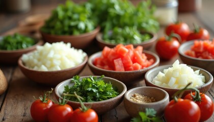 Bowls filled with fresh chopped ingredients for homemade salsa preparation. Tomatoes, onion, cilantro, garlic, peppers, lime displayed in wooden bowls, ready for mixing. Traditional Mexican recipe