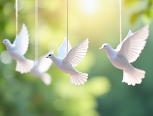 Close-up of delicate paper doves hanging from strings, softly lit by natural light. The outdoor setting and gentle breeze create a peaceful and minimalistic atmosphere.