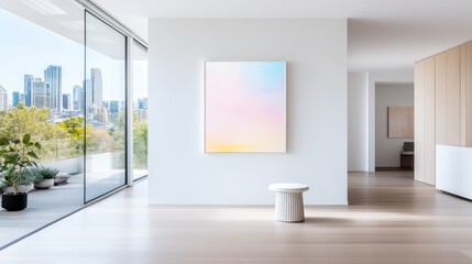 Obraz premium Modern art gallery showcasing a pastel colored abstract landscape painting