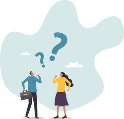 Confused business team finding answer or solution to solve problem, work question or doubt and suspicion in work process.character for design.