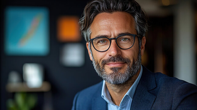 Man with glasses and beard smiles warmly in modern office setting with colorful wall art and plants in background during daytime