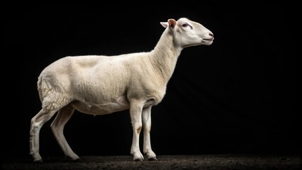 Elegant shorn sheep calmly standing in profile under dramatic lighting against a deep black background representing wool harvest concept
