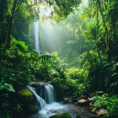 Serene Waterfall Cascading Through Lush Green Tropical Rainforest in Costa Rica with Bright Sunlight and Mist creating a Peaceful and Relaxing Atmosphere