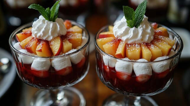 Two glass bowls filled with layered desserts showcase vibrant peaches, strawberries, and cream, topped with fresh mint, perfect for a sweet summer treat on a sunny day