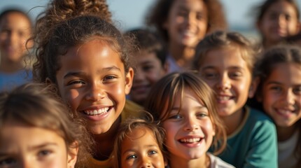 Obraz premium A close-up shot of a diverse group of kids, each with different facial expressions, under natural sunlight. Warm tones and a sense of joyful unity and togetherness.