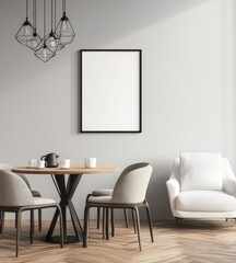 Modern dining room with wooden table, chairs, and armchair.