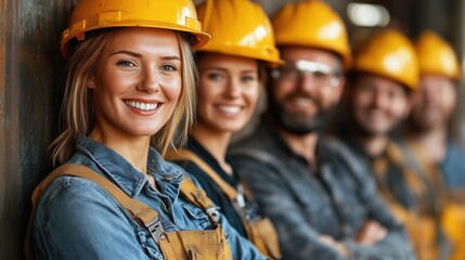 Fototapeta premium Group of construction workers wearing yellow helmets and work uniforms standing together at a construction site, showcasing teamwork and positivity during a project