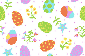 Colorful Easter pattern with abstract eggs, flowers and polka dots. Cute template on white background in flat naive style. Cut out colored elements. Vector illustration.