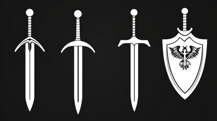 Medieval swords and shield; dark background; game design